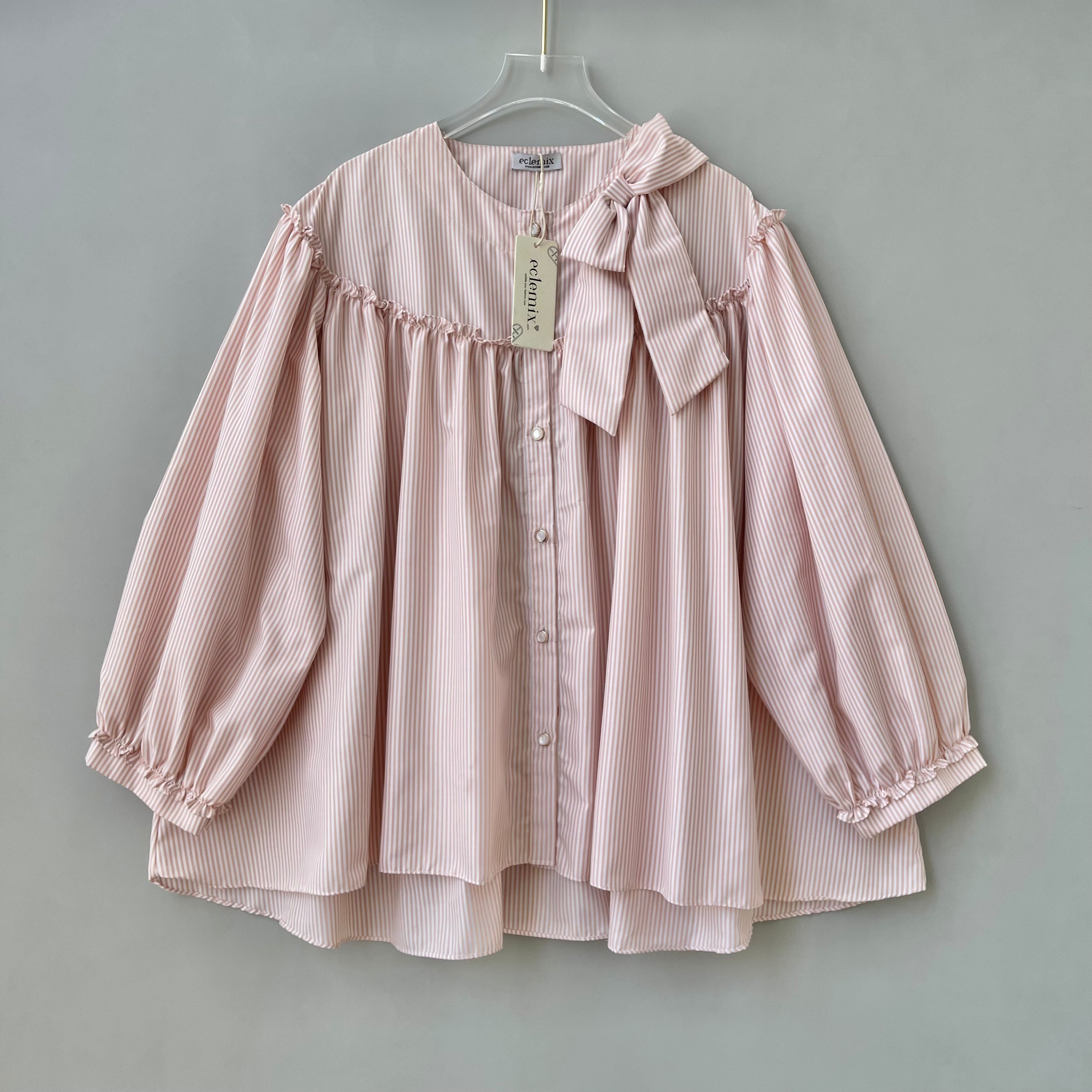 Image of Eclemix Top Tartha | Atasan Wanita Kemeja Motif Stripes Pita Bowtie